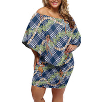 Navy Blue Palaka Hula Girls Seamless Hawaii Aloha Family Matching Off Shoulder Short Dress and Hawaiian Shirt LT7 Mom's Dress Navy Blue - Polynesian Pride