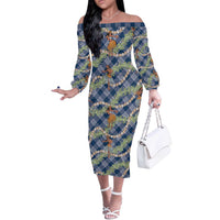 Navy Blue Palaka Hula Girls Seamless Hawaii Aloha Off The Shoulder Long Sleeve Dress - Polynesian Pride
