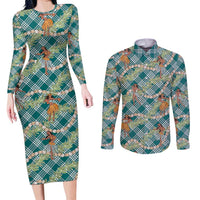 Teal Palaka Hula Girls Seamless Hawaii Aloha Couples Matching Long Sleeve Bodycon Dress and Long Sleeve Button Shirt - Polynesian Pride