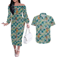 Teal Palaka Hula Girls Seamless Hawaii Aloha Couples Matching Off The Shoulder Long Sleeve Dress and Hawaiian Shirt LT7 Teal - Polynesian Pride