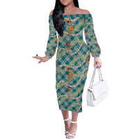 Teal Palaka Hula Girls Seamless Hawaii Aloha Family Matching Off The Shoulder Long Sleeve Dress and Hawaiian Shirt LT7 Mom's Dress Teal - Polynesian Pride
