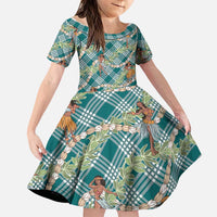 Teal Palaka Hula Girls Seamless Hawaii Aloha Family Matching Off Shoulder Maxi Dress and Hawaiian Shirt LT7 Daughter's Dress Teal - Polynesian Pride
