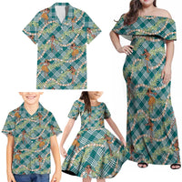 Teal Palaka Hula Girls Seamless Hawaii Aloha Family Matching Off Shoulder Maxi Dress and Hawaiian Shirt LT7 - Polynesian Pride
