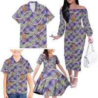 Lavender Palaka Hula Girls Seamless Hawaii Aloha Family Matching Off The Shoulder Long Sleeve Dress and Hawaiian Shirt LT7 - Polynesian Pride