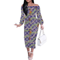 Lavender Palaka Hula Girls Seamless Hawaii Aloha Family Matching Off The Shoulder Long Sleeve Dress and Hawaiian Shirt LT7 Mom's Dress Lavender - Polynesian Pride