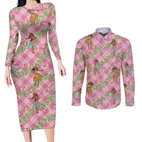 Lokelani Pink Palaka Hula Girls Seamless Hawaii Aloha Couples Matching Long Sleeve Bodycon Dress and Long Sleeve Button Shirt LT7 Pink - Polynesian Pride