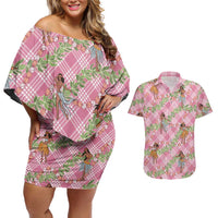 Lokelani Pink Palaka Hula Girls Seamless Hawaii Aloha Couples Matching Off Shoulder Short Dress and Hawaiian Shirt LT7 Pink - Polynesian Pride