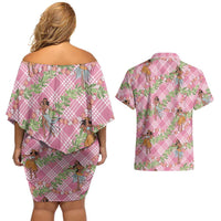 Lokelani Pink Palaka Hula Girls Seamless Hawaii Aloha Couples Matching Off Shoulder Short Dress and Hawaiian Shirt LT7 - Polynesian Pride