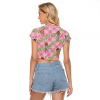 Lokelani Pink Palaka Hula Girls Seamless Hawaii Aloha Raglan Cropped T Shirt - Polynesian Pride