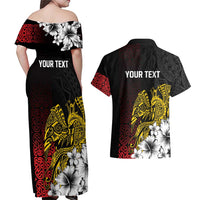 Personalized Papua New Guinea 50th Independence Anniversary Couples Matching Off Shoulder Maxi Dress and Hawaiian Shirt Oro Tapa Mix Plumeria LT7 - Polynesian Pride