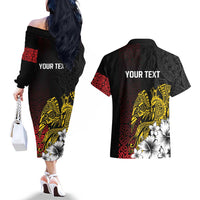 Personalized Papua New Guinea 50th Independence Anniversary Couples Matching Off The Shoulder Long Sleeve Dress and Hawaiian Shirt Oro Tapa Mix Plumeria LT7 - Polynesian Pride