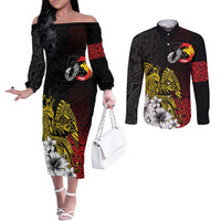 Personalized Papua New Guinea 50th Independence Anniversary Couples Matching Off The Shoulder Long Sleeve Dress and Long Sleeve Button Shirt Oro Tapa Mix Plumeria LT7 Black - Polynesian Pride