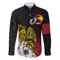 Personalized Papua New Guinea 50th Independence Anniversary Family Matching Off Shoulder Maxi Dress and Hawaiian Shirt Oro Tapa Mix Plumeria LT7 Dad's Shirt - Long Sleeve Black - Polynesian Pride