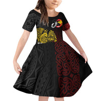 Personalized Papua New Guinea 50th Independence Anniversary Family Matching Off Shoulder Short Dress and Hawaiian Shirt Oro Tapa Mix Plumeria LT7 Daughter's Dress Black - Polynesian Pride
