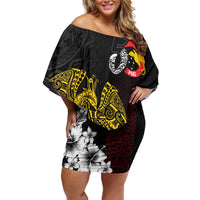 Personalized Papua New Guinea 50th Independence Anniversary Family Matching Off Shoulder Short Dress and Hawaiian Shirt Oro Tapa Mix Plumeria LT7 Mom's Dress Black - Polynesian Pride