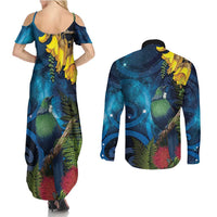 Tui Bird New Zealand Starry Sky Couples Matching Summer Maxi Dress and Long Sleeve Button Shirt Maori Koru LT7 - Polynesian Pride