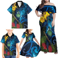 Tui Bird New Zealand Starry Sky Family Matching Off Shoulder Maxi Dress and Hawaiian Shirt Maori Koru LT7 - Polynesian Pride