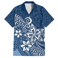Hawaii Family Matching Outfits Polynesia Off Shoulder Maxi Dress And Shirt Family Set Clothes Plumeria Navy Curves LT7 Dad's Shirt - Short Sleeve Blue - Polynesian Pride