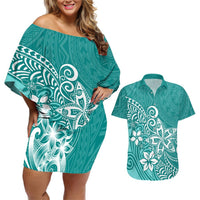 Polynesia Couples Matching Off Shoulder Short Dress and Hawaiian Shirt Plumeria Teal Curves LT7 Teal - Polynesian Pride