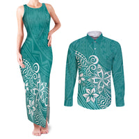 Polynesia Couples Matching Tank Maxi Dress and Long Sleeve Button Shirts Plumeria Teal Curves LT7 Teal - Polynesian Pride