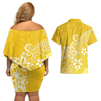 Polynesia Couples Matching Off Shoulder Short Dress and Hawaiian Shirt Plumeria Yellow Curves LT7 - Polynesian Pride
