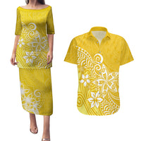 Polynesia Couples Matching Puletasi Dress and Hawaiian Shirt Plumeria Yellow Curves LT7 Yellow - Polynesian Pride