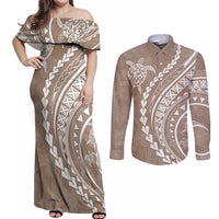 Polynesian Pride Couples Matching Off Shoulder Maxi Dress and Long Sleeve Button Shirts Turtle Hibiscus Luxury Style - Beige LT7 Beige - Polynesian Pride