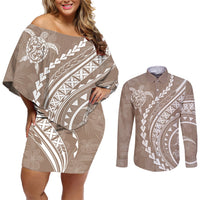 Polynesian Pride Couples Matching Off Shoulder Short Dress and Long Sleeve Button Shirts Turtle Hibiscus Luxury Style - Beige LT7 Beige - Polynesian Pride