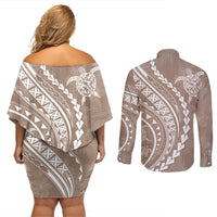 Polynesian Pride Couples Matching Off Shoulder Short Dress and Long Sleeve Button Shirts Turtle Hibiscus Luxury Style - Beige LT7 - Polynesian Pride