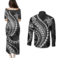 Polynesian Pride Couples Matching Puletasi Dress and Long Sleeve Button Shirts Turtle Hibiscus Luxury Style - Black LT7 - Polynesian Pride