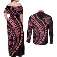 Polynesian Pride Couples Matching Off Shoulder Maxi Dress and Long Sleeve Button Shirts Turtle Hibiscus Luxury Style - Carnation Pink LT7 - Polynesian Pride