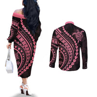 Polynesian Pride Couples Matching Off The Shoulder Long Sleeve Dress and Long Sleeve Button Shirts Turtle Hibiscus Luxury Style - Carnation Pink LT7 - Polynesian Pride