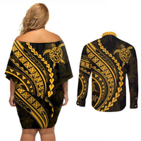Polynesian Pride Couples Matching Off Shoulder Short Dress and Long Sleeve Button Shirts Turtle Hibiscus Luxury Style - Merigold LT7 - Polynesian Pride
