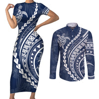 Polynesian Pride Couples Matching Short Sleeve Bodycon Dress and Long Sleeve Button Shirts Turtle Hibiscus Luxury Style - Navy LT7 Navy - Polynesian Pride