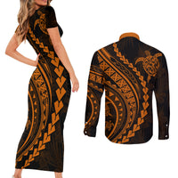 Polynesian Pride Couples Matching Short Sleeve Bodycon Dress and Long Sleeve Button Shirts Turtle Hibiscus Luxury Style - Orange LT7 - Polynesian Pride