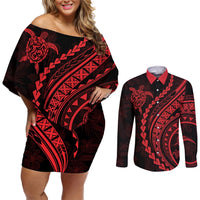 Polynesian Pride Couples Matching Off Shoulder Short Dress and Long Sleeve Button Shirts Turtle Hibiscus Luxury Style - Rose LT7 Rose - Polynesian Pride