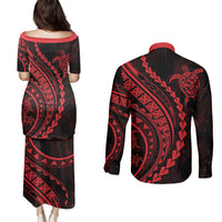 Polynesian Pride Couples Matching Puletasi Dress and Long Sleeve Button Shirts Turtle Hibiscus Luxury Style - Rose LT7 - Polynesian Pride