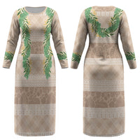 Hawai'i Paniolo Maile Twisted Lei Couples Matching Long Sleeve Bodycon Dress and Hawaiian Shirt Almond Brown LT7 - Polynesian Pride