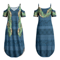 Hawai'i Paniolo Maile Twisted Lei Family Matching Summer Maxi Dress and Hawaiian Shirt Cobalt Blue LT7 Mom's Dress Cobalt Blue - Polynesian Pride