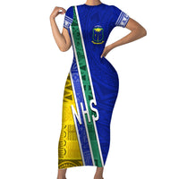 Personalised Fiji Natabua High School Short Sleeve Bodycon Dress Kaviti Tapa Mix Colors Proud NHS LT7 Long Dress Blue - Polynesian Pride