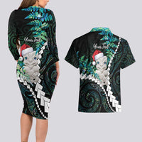 New Zealand Personalised Couples Matching Long Sleeve Bodycon Dress and Hawaiian Shirt Meri Kirihimete Kowhaiwhai Mix Paua Shell - Emerald LT7 - Polynesian Pride