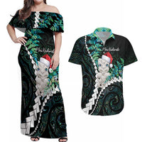 New Zealand Personalised Couples Matching Off Shoulder Maxi Dress and Hawaiian Shirt Meri Kirihimete Kowhaiwhai Mix Paua Shell - Emerald LT7 Green - Polynesian Pride