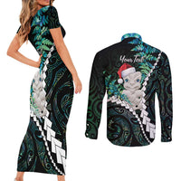New Zealand Personalised Couples Matching Short Sleeve Bodycon Dress and Long Sleeve Button Shirt Meri Kirihimete Kowhaiwhai Mix Paua Shell - Emerald LT7 - Polynesian Pride