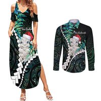 New Zealand Personalised Couples Matching Summer Maxi Dress and Long Sleeve Button Shirt Meri Kirihimete Kowhaiwhai Mix Paua Shell - Emerald LT7 Green - Polynesian Pride