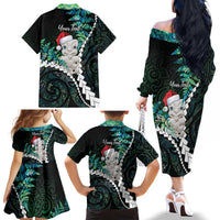 New Zealand Personalised Family Matching Off The Shoulder Long Sleeve Dress and Hawaiian Shirt Meri Kirihimete Kowhaiwhai Mix Paua Shell - Emerald LT7 - Polynesian Pride