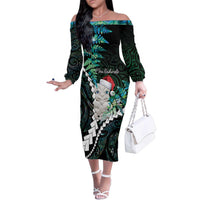 New Zealand Personalised Family Matching Off The Shoulder Long Sleeve Dress and Hawaiian Shirt Meri Kirihimete Kowhaiwhai Mix Paua Shell - Emerald LT7 Mom's Dress Green - Polynesian Pride