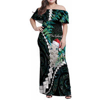 New Zealand Personalised Family Matching Off Shoulder Maxi Dress and Hawaiian Shirt Meri Kirihimete Kowhaiwhai Mix Paua Shell - Emerald LT7 Mom's Dress Green - Polynesian Pride
