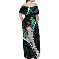 New Zealand Personalised Family Matching Off Shoulder Maxi Dress and Hawaiian Shirt Meri Kirihimete Kowhaiwhai Mix Paua Shell - Emerald LT7 - Polynesian Pride