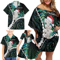 New Zealand Personalised Family Matching Off Shoulder Short Dress and Hawaiian Shirt Meri Kirihimete Kowhaiwhai Mix Paua Shell - Emerald LT7 - Polynesian Pride