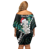 New Zealand Personalised Family Matching Off Shoulder Short Dress and Hawaiian Shirt Meri Kirihimete Kowhaiwhai Mix Paua Shell - Emerald LT7 - Polynesian Pride